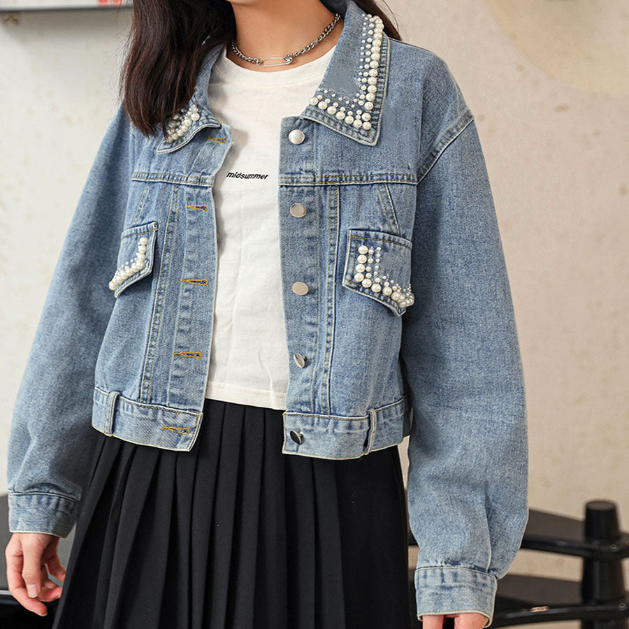 Shoppinggo shoppinggo denim jacket outerwear jean jacket fake pearl jacket collar neck long sleeve short length denim girly solid color