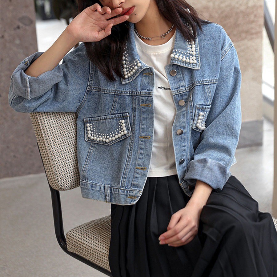 Shoppinggo shoppinggo denim jacket outerwear jean jacket fake pearl jacket collar neck long sleeve short length denim girly solid color