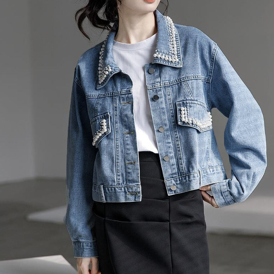 Shoppinggo shoppinggo denim jacket outerwear jean jacket fake pearl jacket collar neck long sleeve short length denim girly solid color