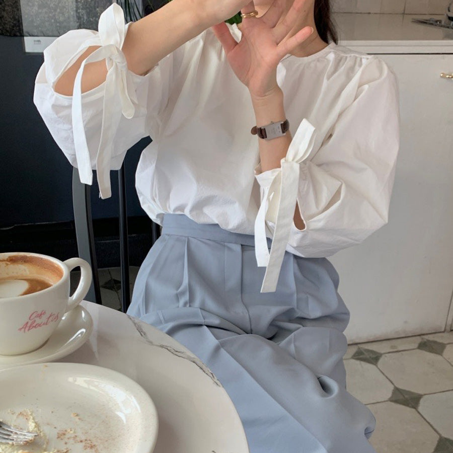 ショッピングゴー shoppinggo シャツ ブラウス リボン 大きめ レディース 長袖 白ブラウス  トップス オフィス 着痩せトップス 韓国ファッション