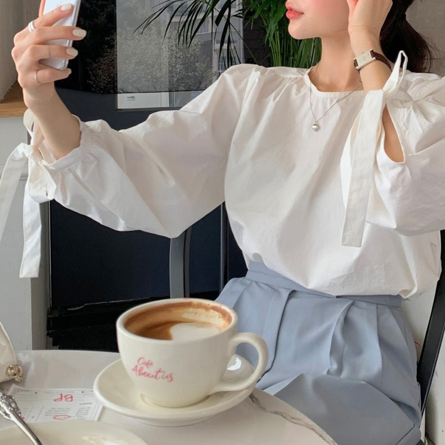 ショッピングゴー shoppinggo シャツ ブラウス リボン 大きめ レディース 長袖 白ブラウス  トップス オフィス 着痩せトップス 韓国ファッション