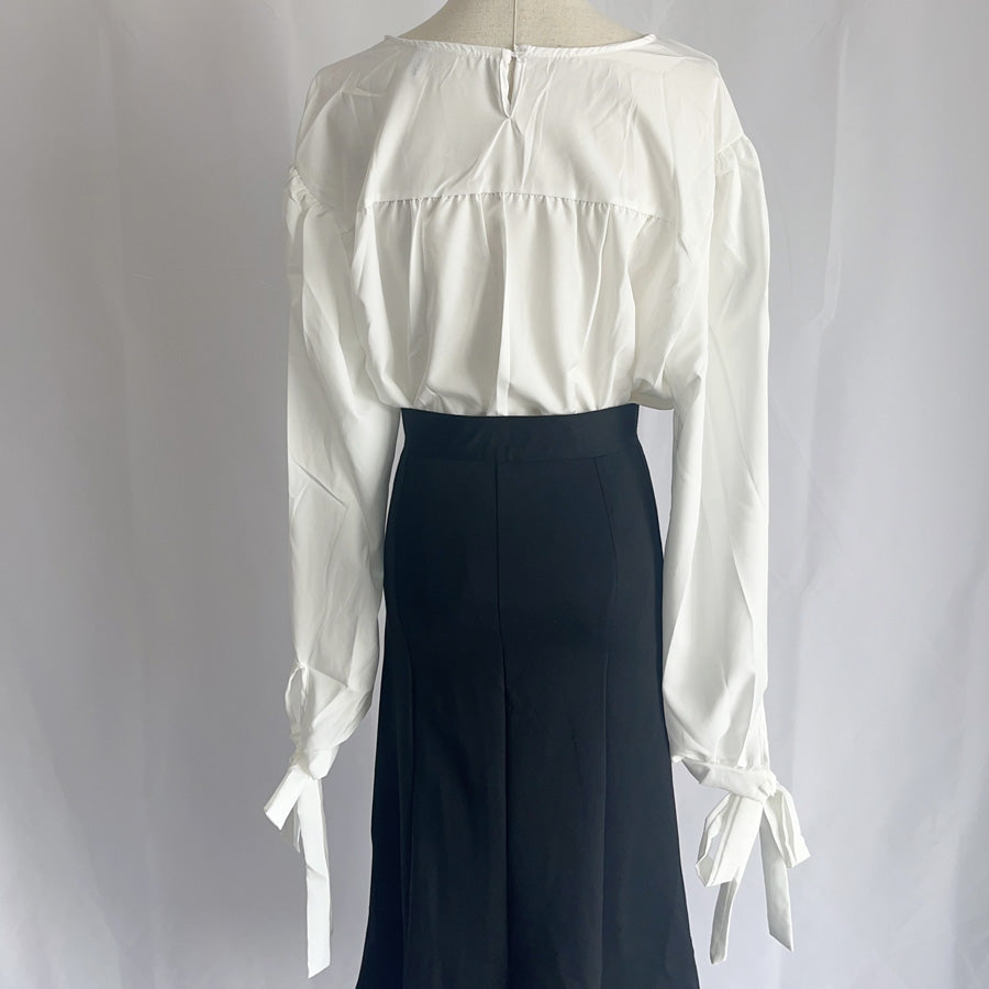 ショッピングゴー shoppinggo シャツ ブラウス リボン 大きめ レディース 長袖 白ブラウス  トップス オフィス 着痩せトップス 韓国ファッション