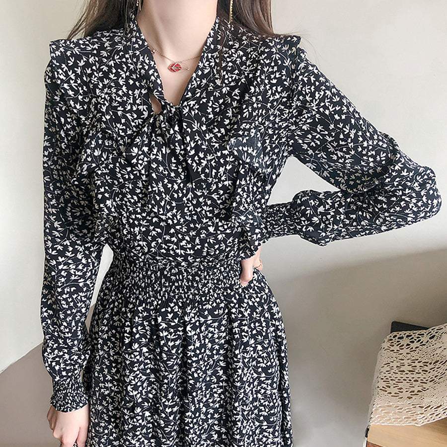 ショッピングゴー shoppinggo ロングフレアワンピース 花柄 長袖 リボンネック レディース ひざ下 大人 きれいめ 無地  おしゃれ オフィス フォーマル 黒