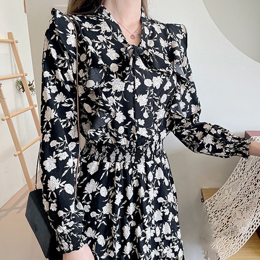 ショッピングゴー shoppinggo ロングフレアワンピース 花柄 長袖 リボンネック レディース オフィス フォーマル ひざ下 大人 きれいめ 無地  おしゃれ 黒