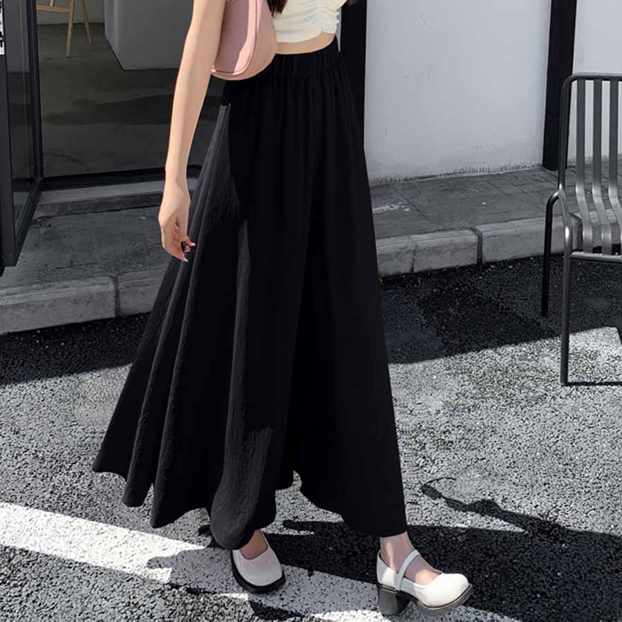 ショッピングゴー shoppinggo パンツワイドパンツ ガウチョパンツ ハイウエスト 無地 マキシ丈 動きやすい ゴム カジュアル リラックスパンツ ベーシック,ブラック