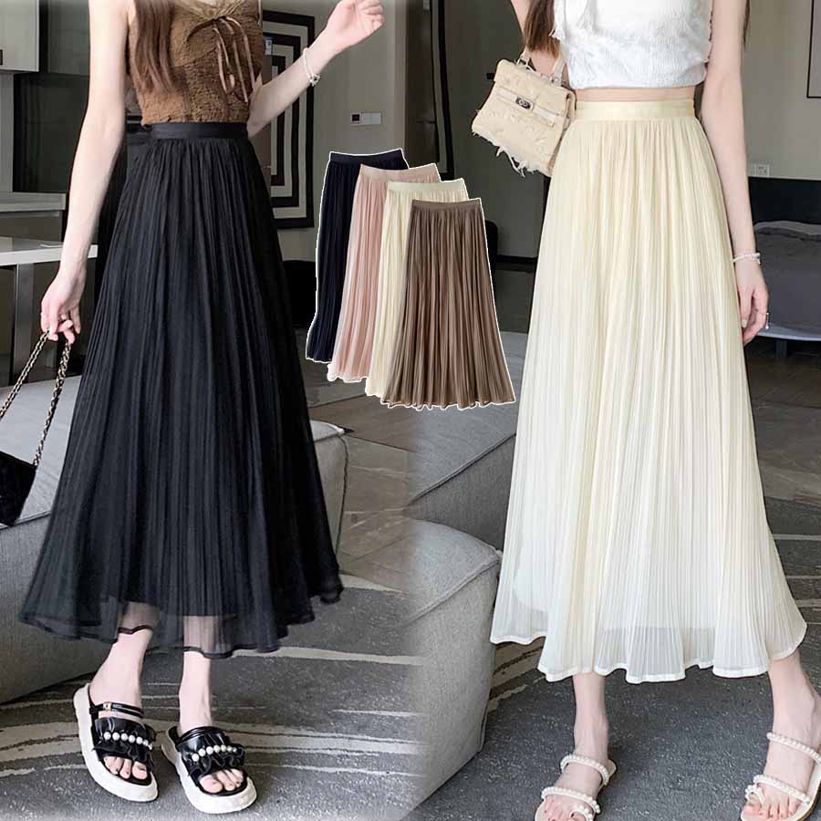 購物Go Shopping Go Triul Skirt Flare Skirt Pleated Skirt Black 2 Lobles 2層軟長長長的母親成人身體封面鬆散