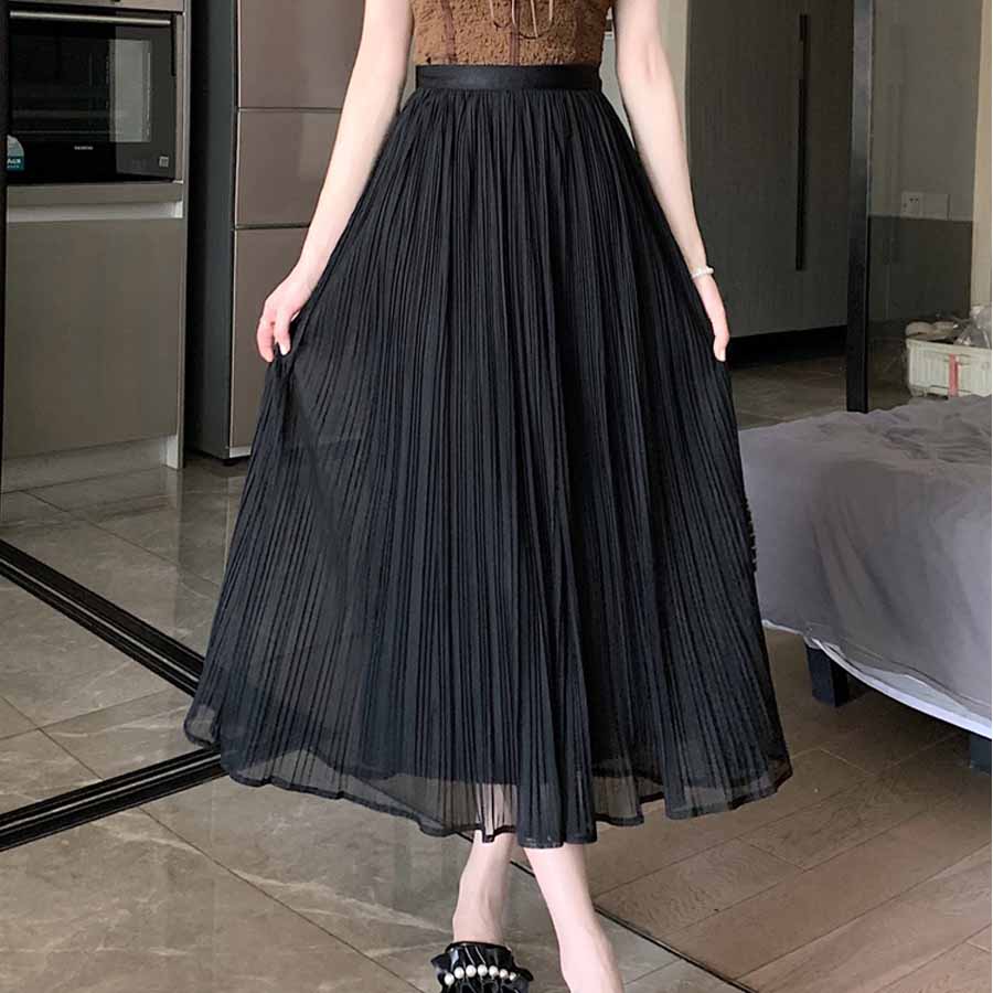 購物Go Shopping Go Triul Skirt Flare Skirt Pleated Skirt Black 2 Lobles 2層軟長長長的母親成人身體封面鬆散