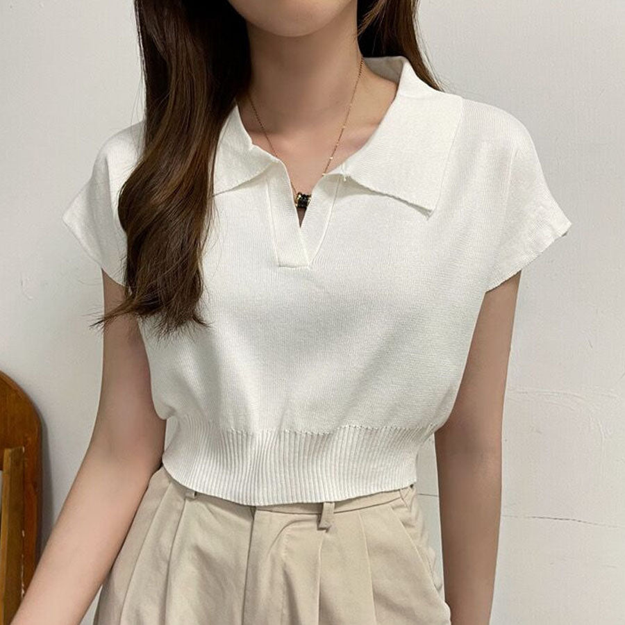 購物Go Shoppinggo編織女士短袖Nitt短長度夏季NIT女士v每日項圈肋骨T襯衫，帶領韓國時尚