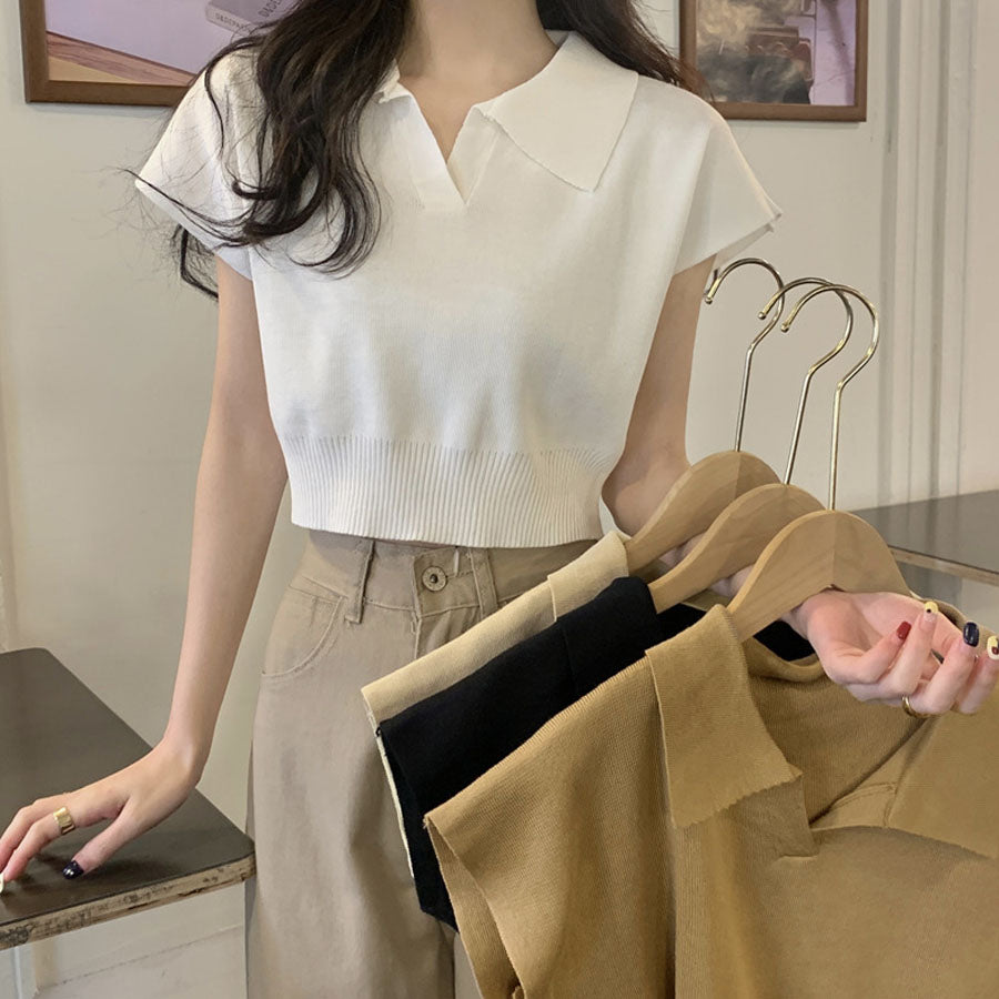 購物Go Shoppinggo編織女士短袖Nitt短長度夏季NIT女士v每日項圈肋骨T襯衫，帶領韓國時尚
