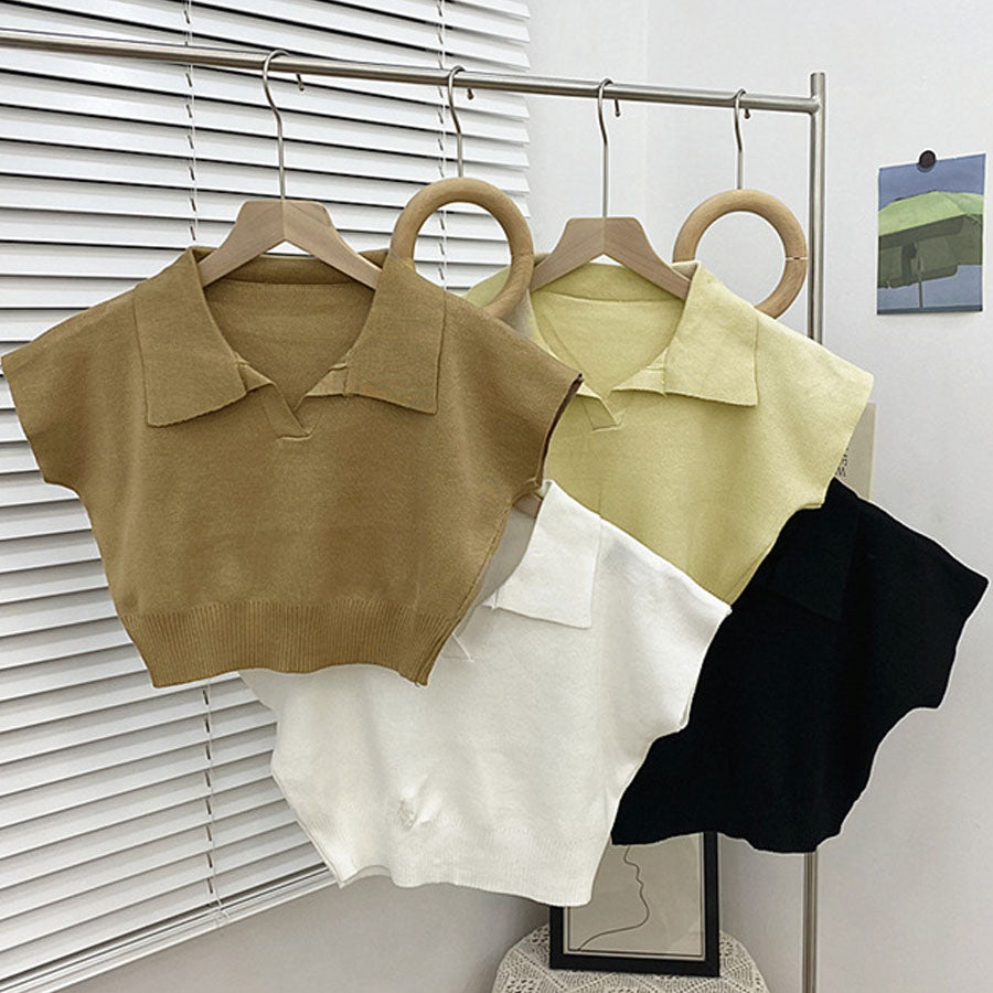 購物Go Shoppinggo編織女士短袖Nitt短長度夏季NIT女士v每日項圈肋骨T襯衫，帶領韓國時尚