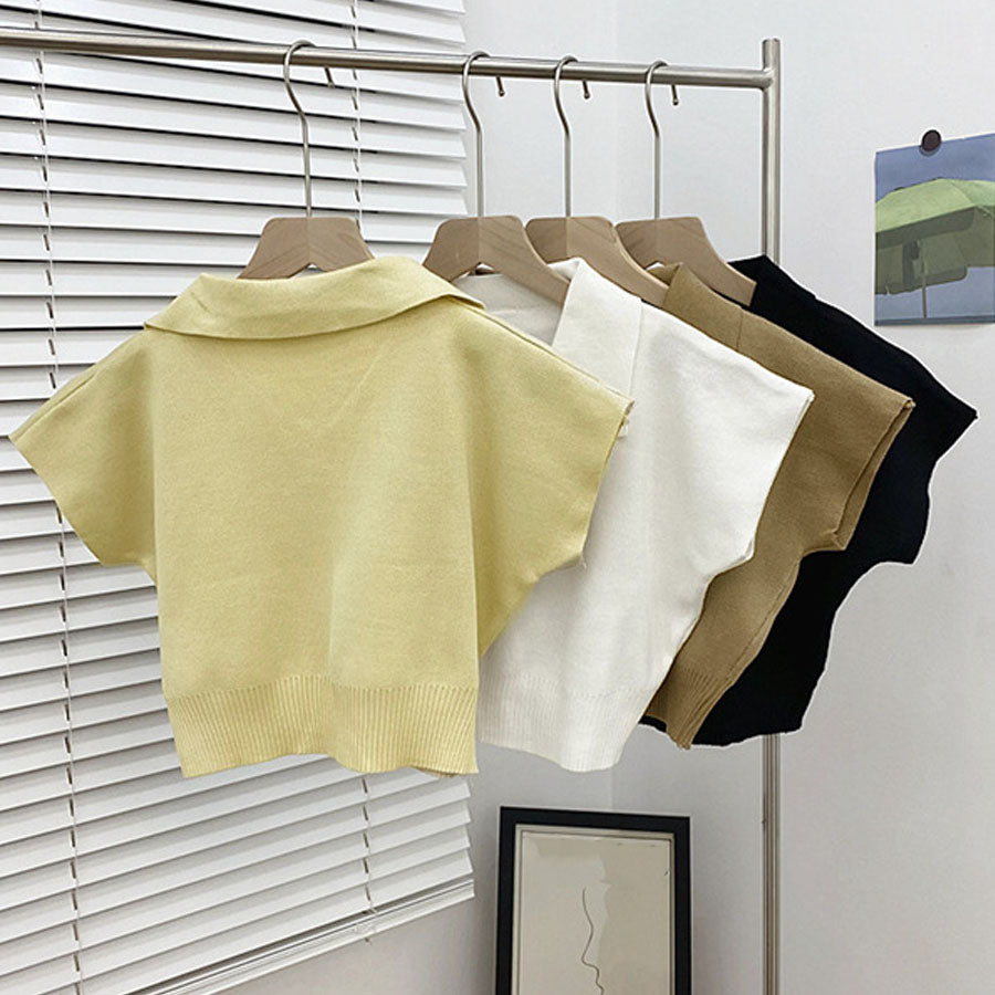 購物Go Shoppinggo編織女士短袖Nitt短長度夏季NIT女士v每日項圈肋骨T襯衫，帶領韓國時尚