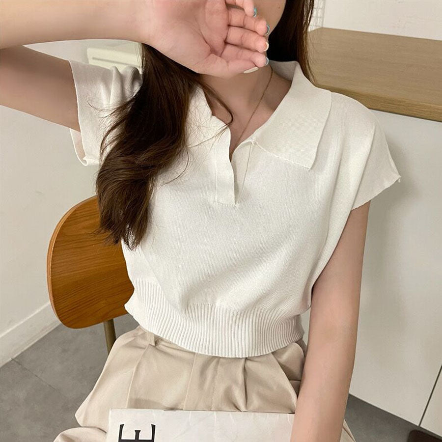 購物Go Shoppinggo編織女士短袖Nitt短長度夏季NIT女士v每日項圈肋骨T襯衫，帶領韓國時尚