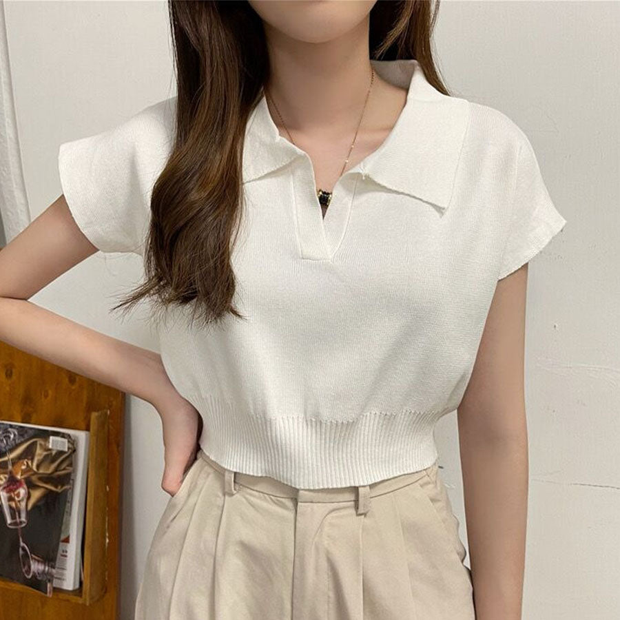 購物Go Shoppinggo編織女士短袖Nitt短長度夏季NIT女士v每日項圈肋骨T襯衫，帶領韓國時尚