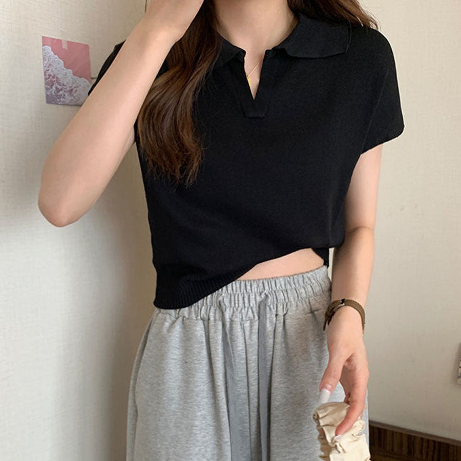 購物Go Shoppinggo編織女士短袖Nitt短長度夏季NIT女士v每日項圈肋骨T襯衫，帶領韓國時尚