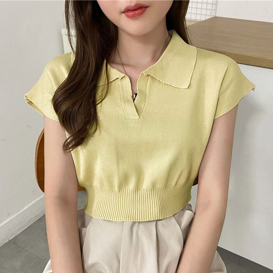 購物Go Shoppinggo編織女士短袖Nitt短長度夏季NIT女士v每日項圈肋骨T襯衫，帶領韓國時尚