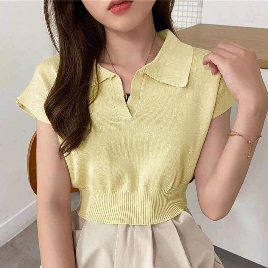 購物Go Shoppinggo編織女士短袖Nitt短長度夏季NIT女士v每日項圈肋骨T襯衫，帶領韓國時尚