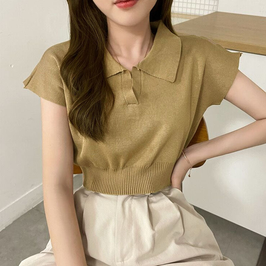 購物Go Shoppinggo編織女士短袖Nitt短長度夏季NIT女士v每日項圈肋骨T襯衫，帶領韓國時尚