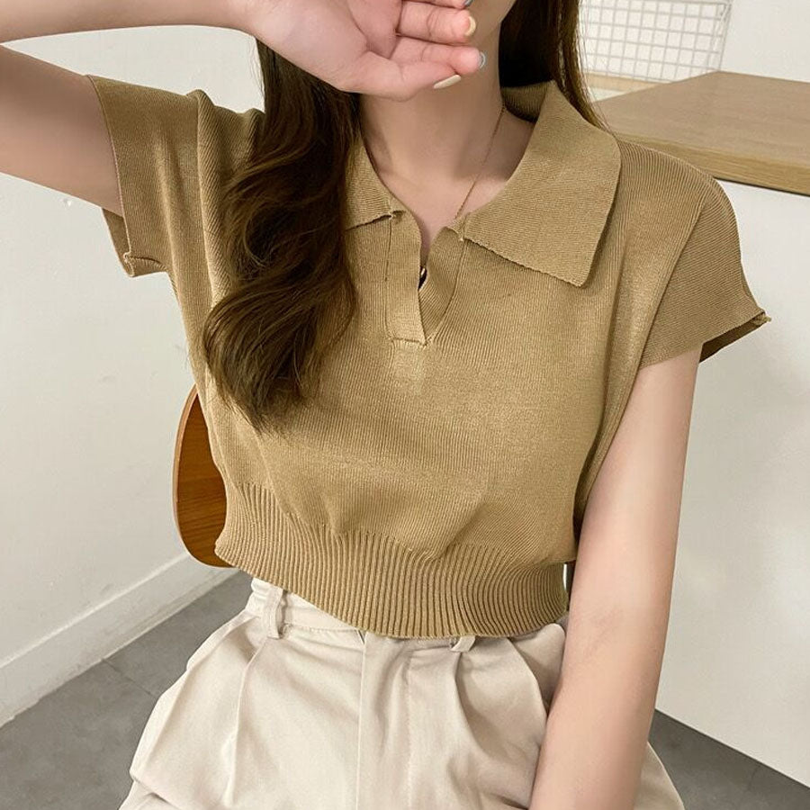 購物Go Shoppinggo編織女士短袖Nitt短長度夏季NIT女士v每日項圈肋骨T襯衫，帶領韓國時尚