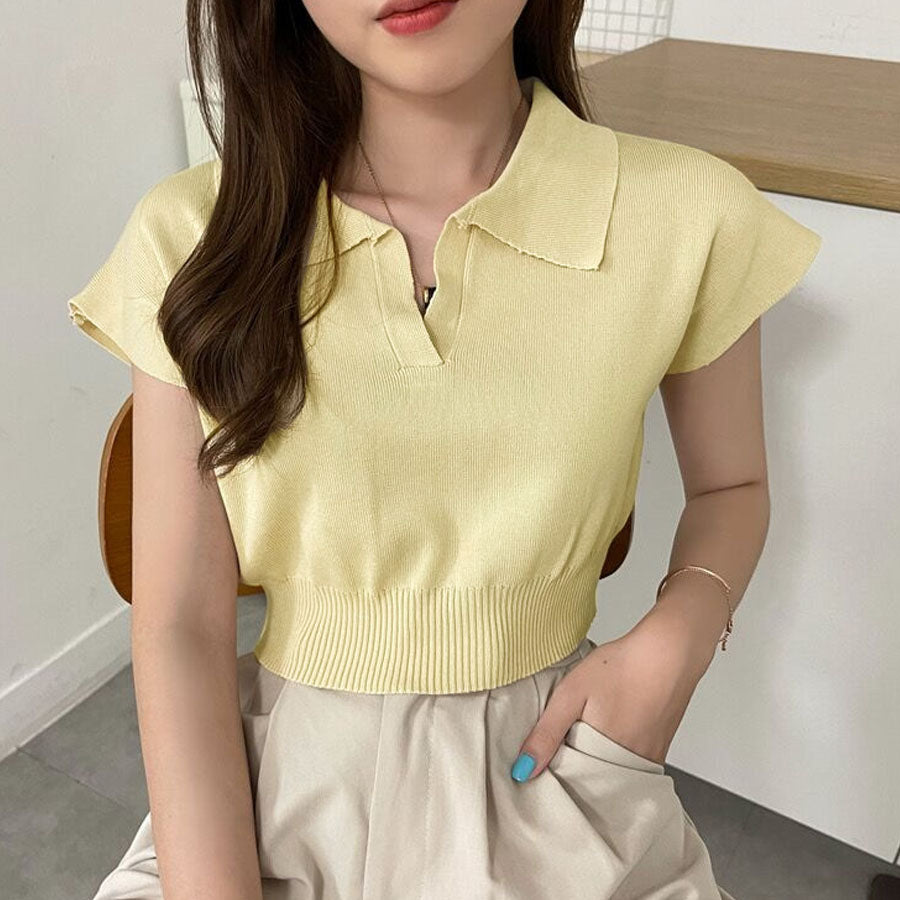 購物Go Shoppinggo編織女士短袖Nitt短長度夏季NIT女士v每日項圈肋骨T襯衫，帶領韓國時尚