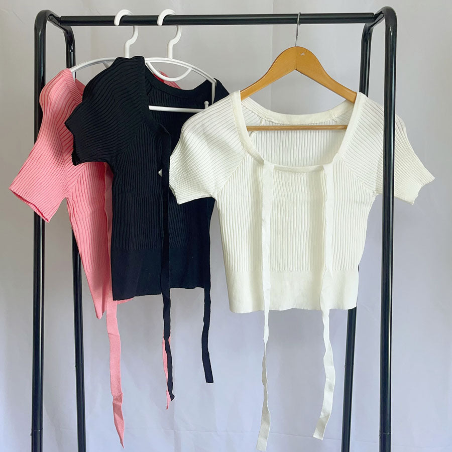 購物Go Shopping Go Summer Knit Ladies頂部針織套頭衫短袖2Way Halt Neck simple時尚佩戴春季 /夏季肋骨