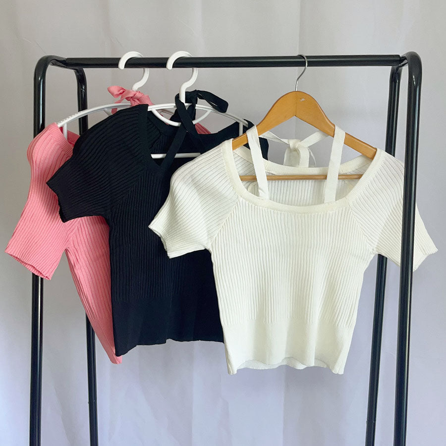 購物Go Shopping Go Summer Knit Ladies頂部針織套頭衫短袖2Way Halt Neck simple時尚佩戴春季 /夏季肋骨