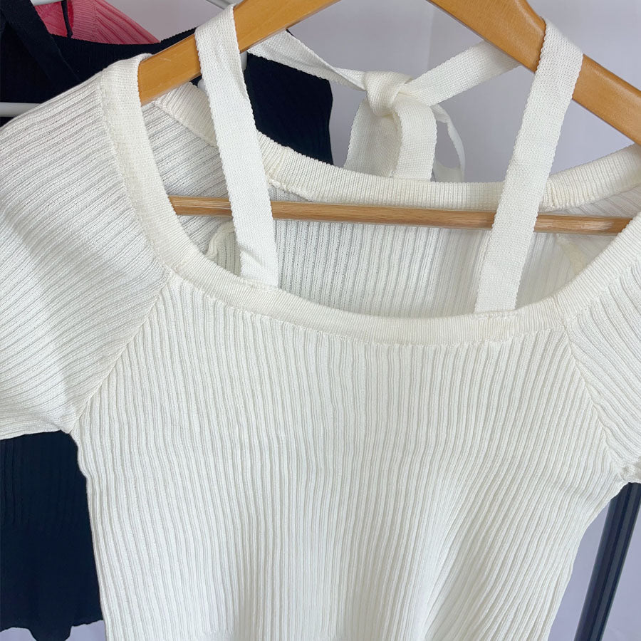 購物Go Shopping Go Summer Knit Ladies頂部針織套頭衫短袖2Way Halt Neck simple時尚佩戴春季 /夏季肋骨