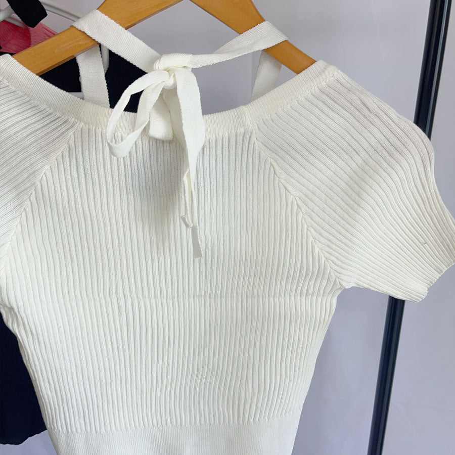 購物Go Shopping Go Summer Knit Ladies頂部針織套頭衫短袖2Way Halt Neck simple時尚佩戴春季 /夏季肋骨