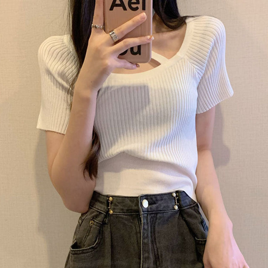 購物Go Shopping Go Summer Knit Ladies頂部針織套頭衫短袖2Way Halt Neck simple時尚佩戴春季 /夏季肋骨