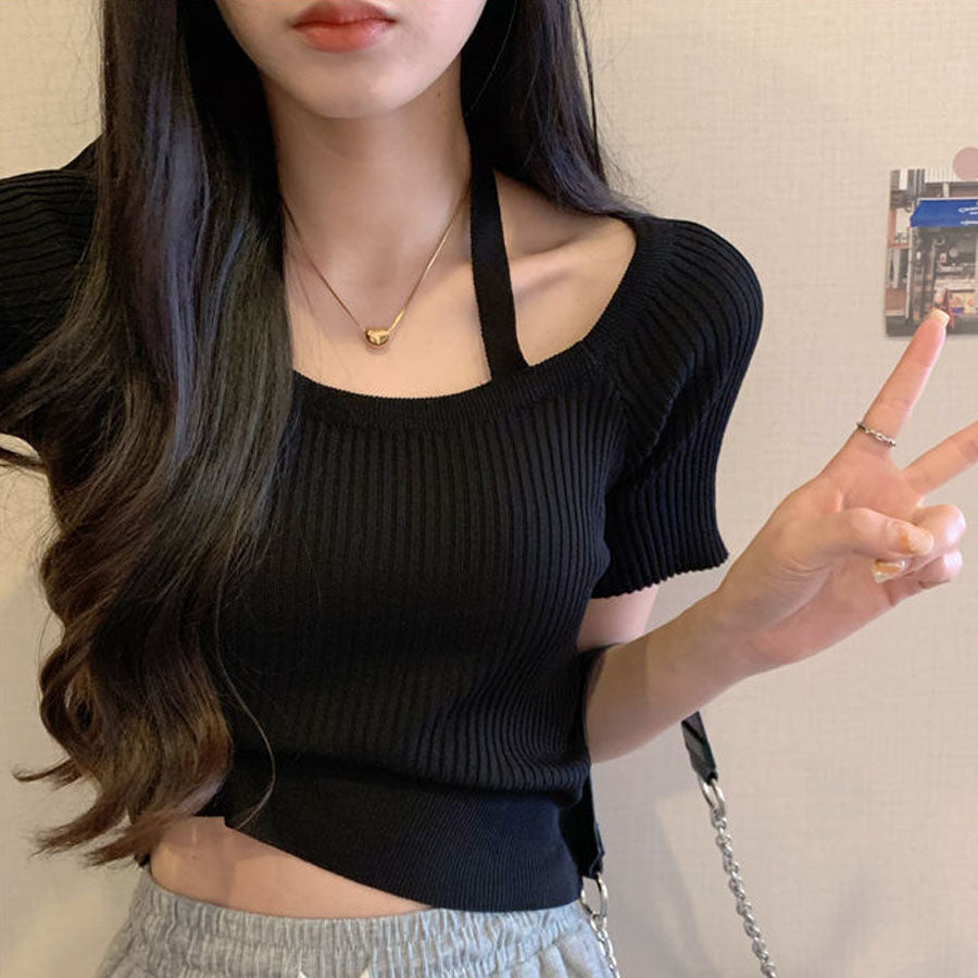 購物Go Shopping Go Summer Knit Ladies頂部針織套頭衫短袖2Way Halt Neck simple時尚佩戴春季 /夏季肋骨