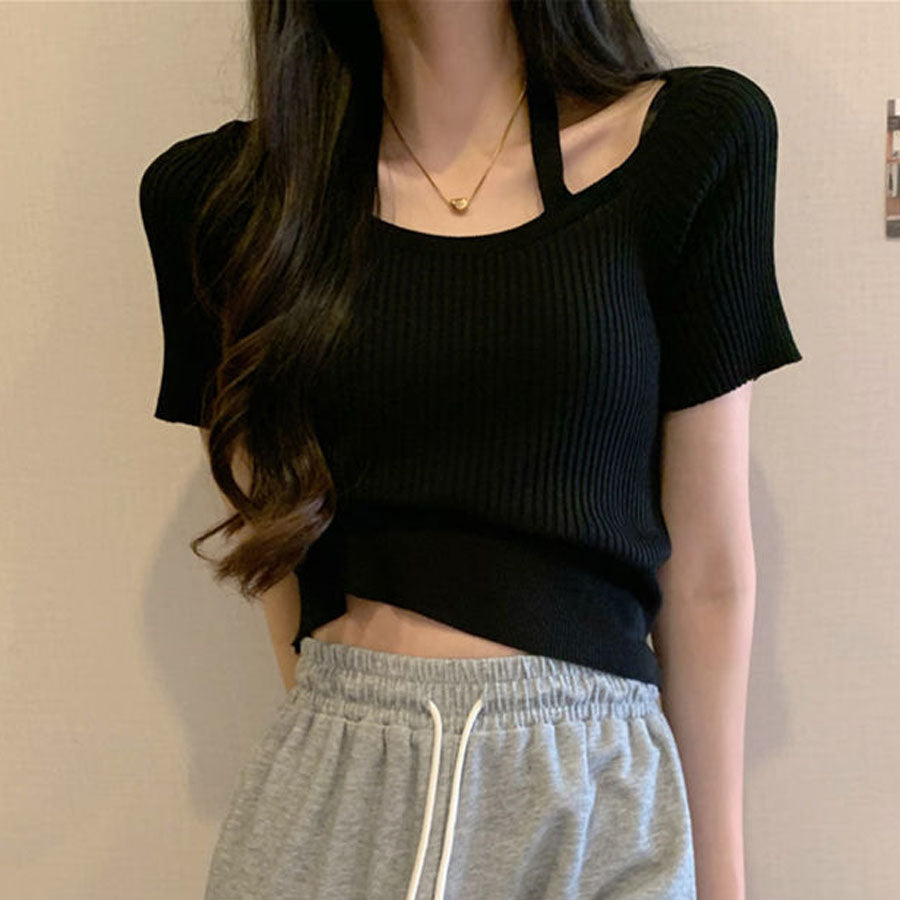 購物Go Shopping Go Summer Knit Ladies頂部針織套頭衫短袖2Way Halt Neck simple時尚佩戴春季 /夏季肋骨