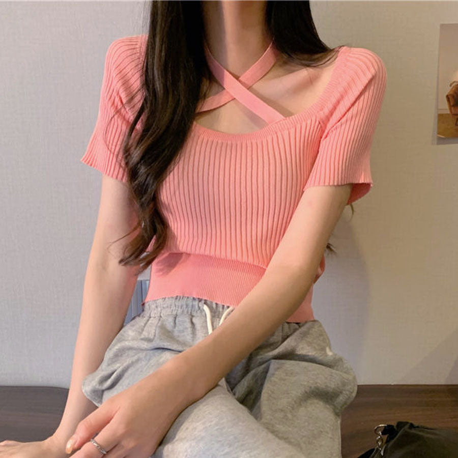 購物Go Shopping Go Summer Knit Ladies頂部針織套頭衫短袖2Way Halt Neck simple時尚佩戴春季 /夏季肋骨