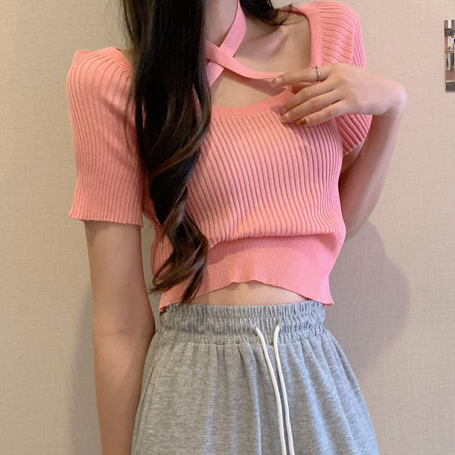 購物Go Shopping Go Summer Knit Ladies頂部針織套頭衫短袖2Way Halt Neck simple時尚佩戴春季 /夏季肋骨