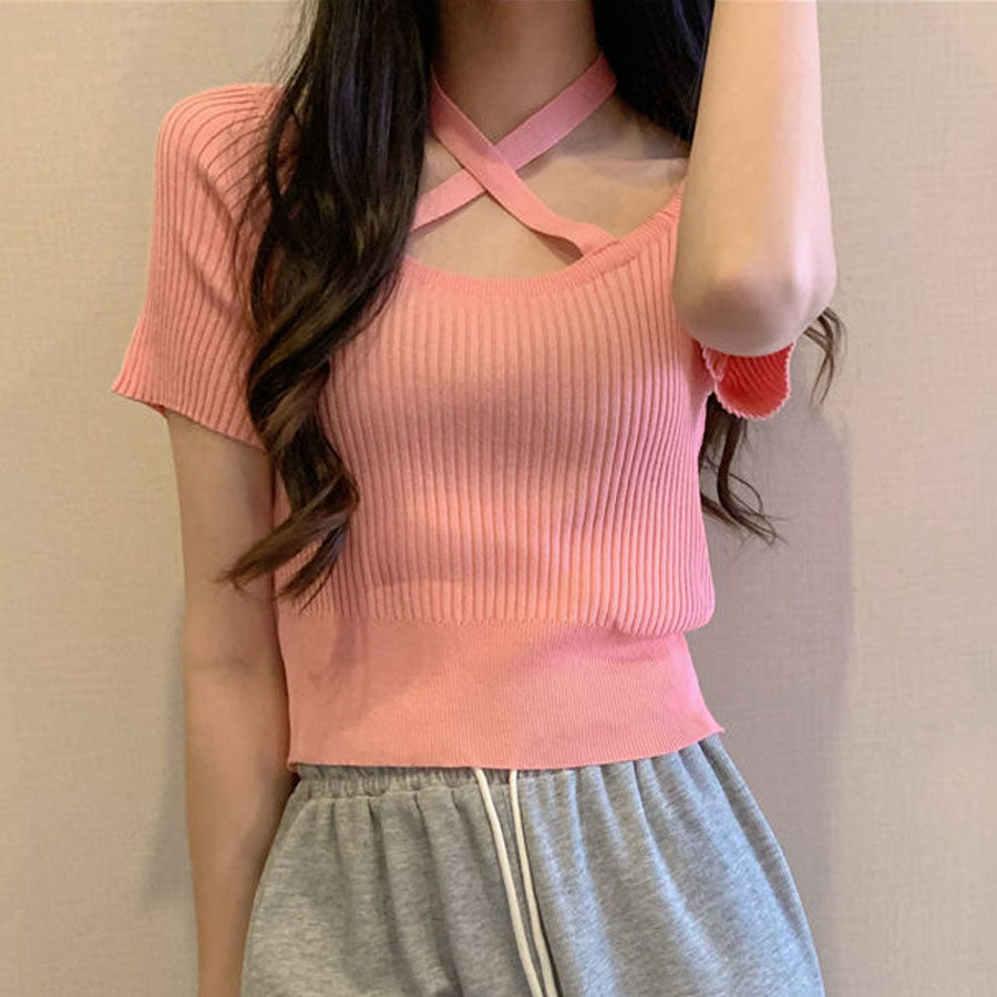 購物Go Shopping Go Summer Knit Ladies頂部針織套頭衫短袖2Way Halt Neck simple時尚佩戴春季 /夏季肋骨