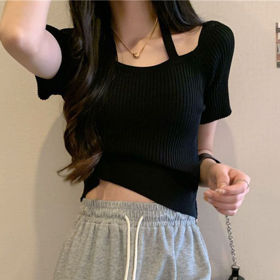 購物Go Shopping Go Summer Knit Ladies頂部針織套頭衫短袖2Way Halt Neck simple時尚佩戴春季 /夏季肋骨