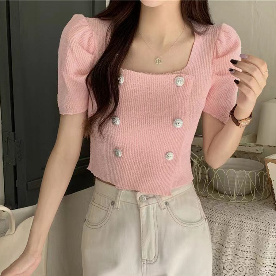 Shopping Go Knit Women's Short Sleeve Collared Knit Summer Knit V-Neck Spring/Summer Tops Cut and Sew Daily Collared Rib T-Shirt Korean Fashion