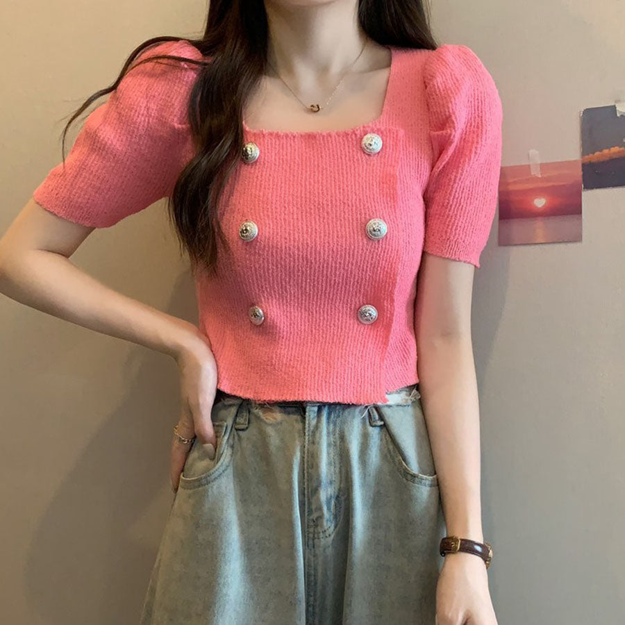 Shopping Go Knit Women's Short Sleeve Collared Knit Summer Knit V-Neck Spring/Summer Tops Cut and Sew Daily Collared Rib T-Shirt Korean Fashion