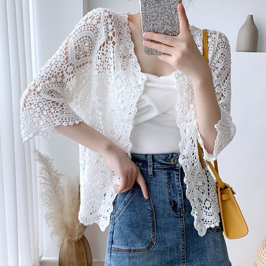 Shopping Go Summer Cardigan Floral Embroidery Sheer Knit V-Neck Cardig