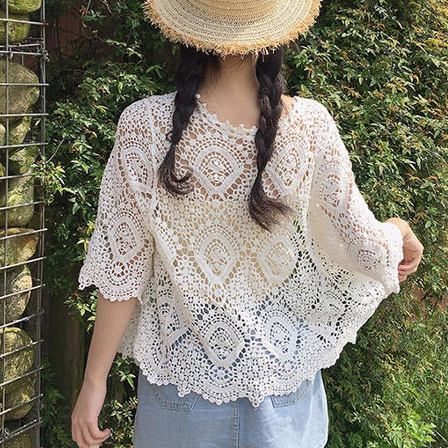Shopping Go Summer Cardigan Floral Embroidery Sheer Knit V-Neck Cardig