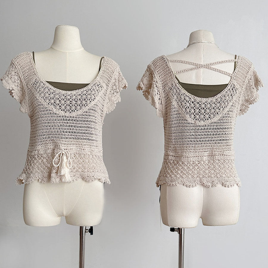 ショッピングゴー shoppinggo 透かし編みメッシュニット フレンチ袖 ノースリーブトップス サマーニット フラワー 花柄 シースルー 着回し お出かけ 普段使い 婦人服