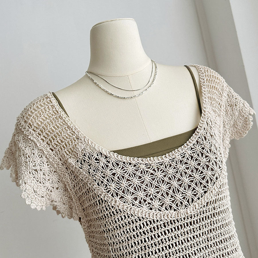 ショッピングゴー shoppinggo 透かし編みメッシュニット フレンチ袖 ノースリーブトップス サマーニット フラワー 花柄 シースルー 着回し お出かけ 普段使い 婦人服