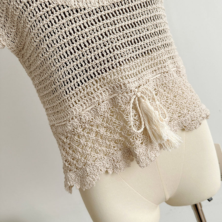 ショッピングゴー shoppinggo 透かし編みメッシュニット フレンチ袖 ノースリーブトップス サマーニット フラワー 花柄 シースルー 着回し お出かけ 普段使い 婦人服