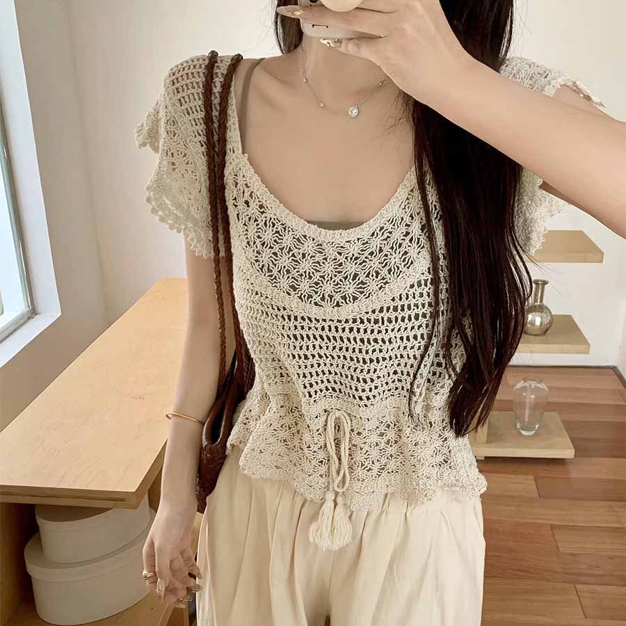 ショッピングゴー shoppinggo 透かし編みメッシュニット フレンチ袖 ノースリーブトップス サマーニット フラワー 花柄 シースルー 着回し お出かけ 普段使い 婦人服