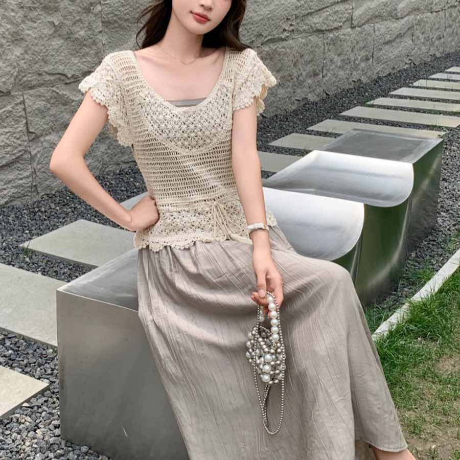 ショッピングゴー shoppinggo 透かし編みメッシュニット フレンチ袖 ノースリーブトップス サマーニット フラワー 花柄 シースルー 着回し お出かけ 普段使い 婦人服