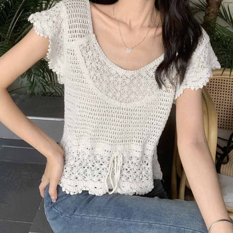 ショッピングゴー shoppinggo 透かし編みメッシュニット フレンチ袖 ノースリーブトップス サマーニット フラワー 花柄 シースルー 着回し お出かけ 普段使い 婦人服