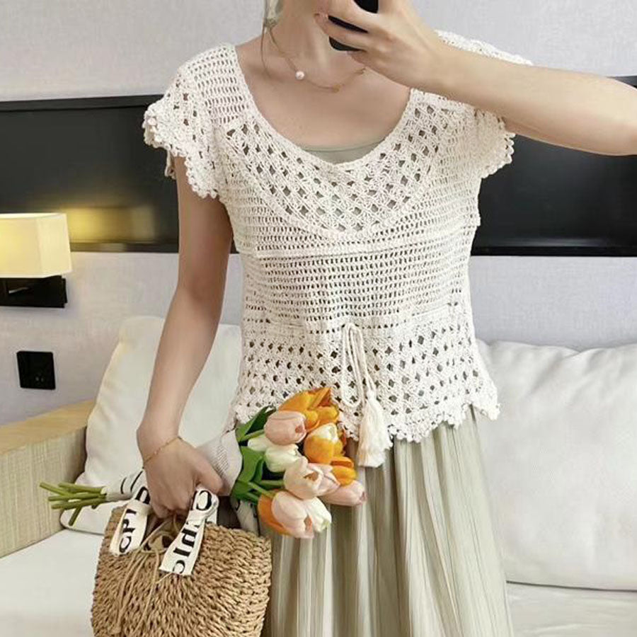 ショッピングゴー shoppinggo 透かし編みメッシュニット フレンチ袖 ノースリーブトップス サマーニット フラワー 花柄 シースルー 着回し お出かけ 普段使い 婦人服