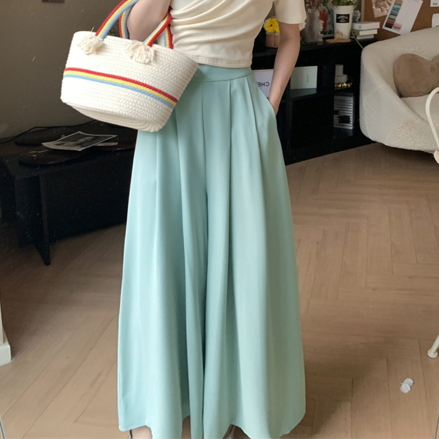 Shopping Go Wide Pants Gaucho Pants High Waist Plain Maxi Length Long Length Easy to Move Elastic Casual Skirt Pants Relax Pants
