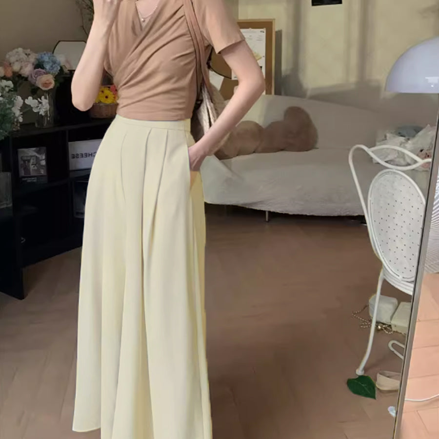 Shopping Go Wide Pants Gaucho Pants High Waist Plain Maxi Length Long Length Easy to Move Elastic Casual Skirt Pants Relax Pants