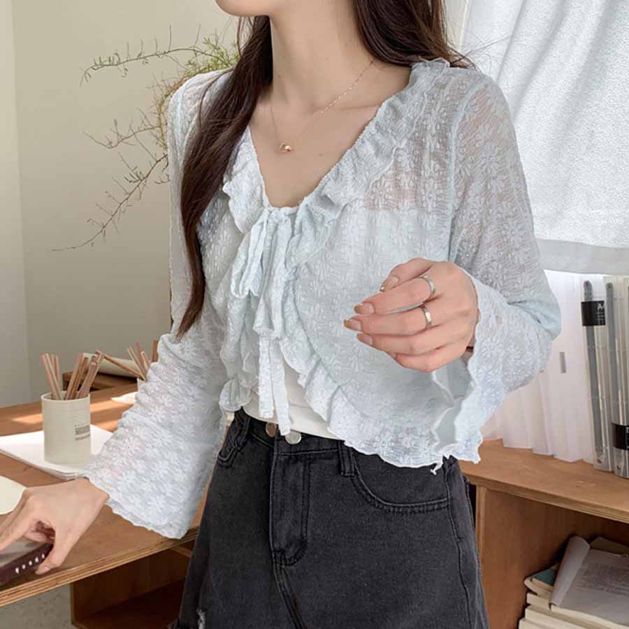 ショッピングゴー shoppinggo サマーカーディガン 透かし編み Vネックカーディガン トップス 長袖 ショート丈 前開き 透け感 重ね着 ガーリー