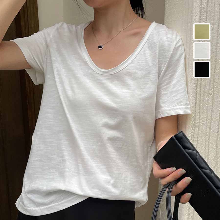 ショッピングゴー shoppinggo Tシャツ カットソー 半袖 レディース トップス プルオーバー ゆたっり Vネックシンプル 無地 おしゃれ 黒 ブラック ホワイト