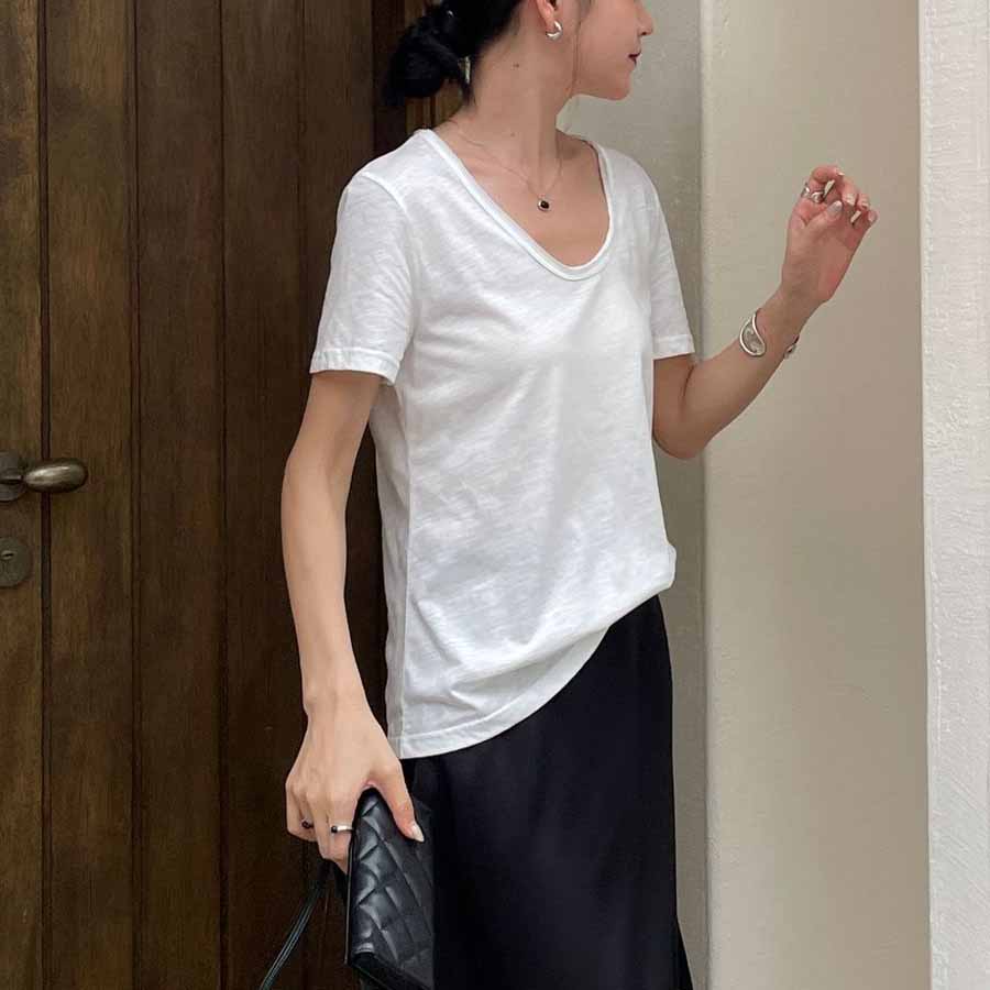 ショッピングゴー shoppinggo Tシャツ カットソー 半袖 レディース トップス プルオーバー ゆたっり Vネックシンプル 無地 おしゃれ 黒 ブラック ホワイト